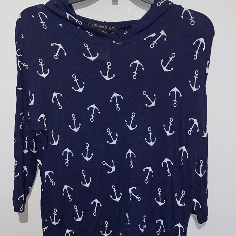American Dream Women's Navy White Floral Lace Back Stretch Pullover Hoodie Small